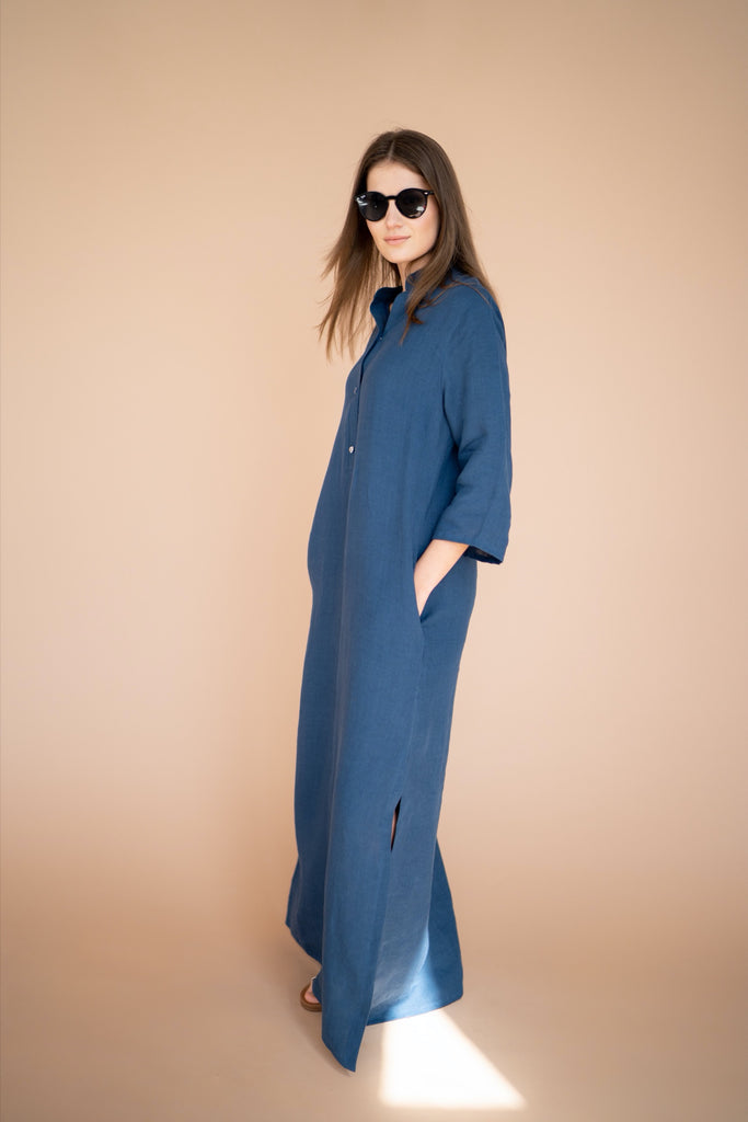 Blue Linen Maxi Dress Kaftan