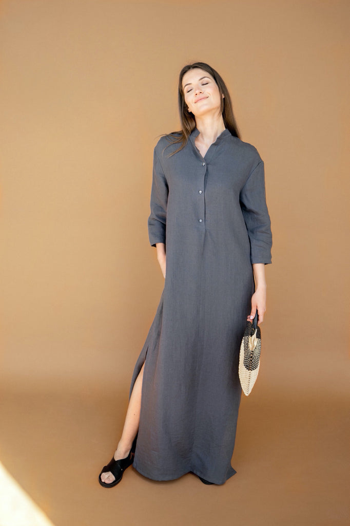beaded linen dress 100% Linen Beaded Crew Neck Maxi Dress with Belt BELLA – LINTICO main image 1