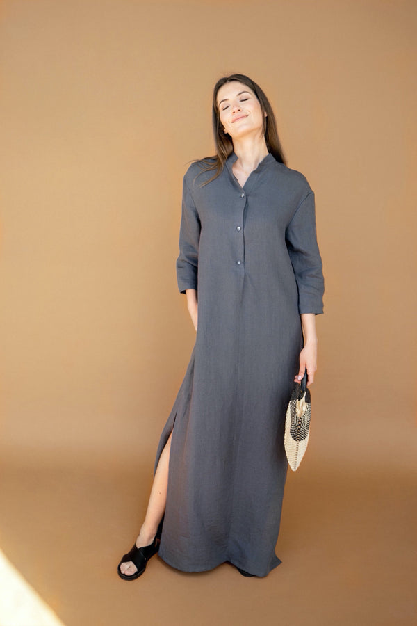 Linen Kaftan Dress Maxi Dress Loose Fit Dress Odette Dark Grey