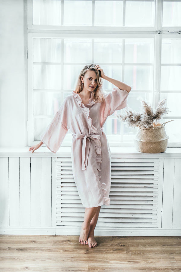 Linen Kimono Linen Robe Linen Bathrobe Ruffle Kimono Bathrobe Pink