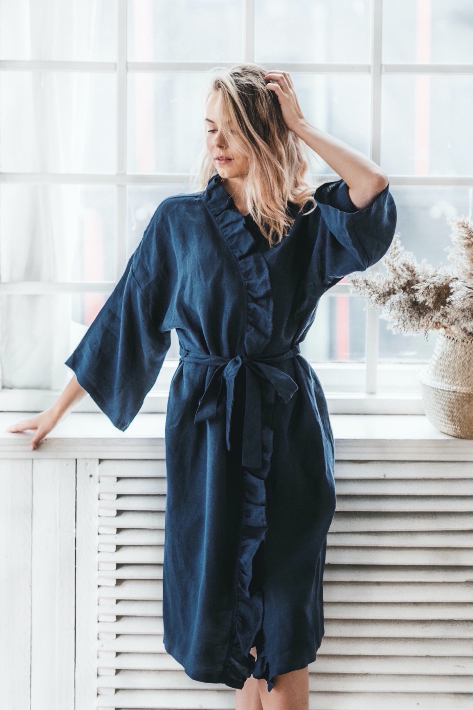 Navy blue kimono robe top