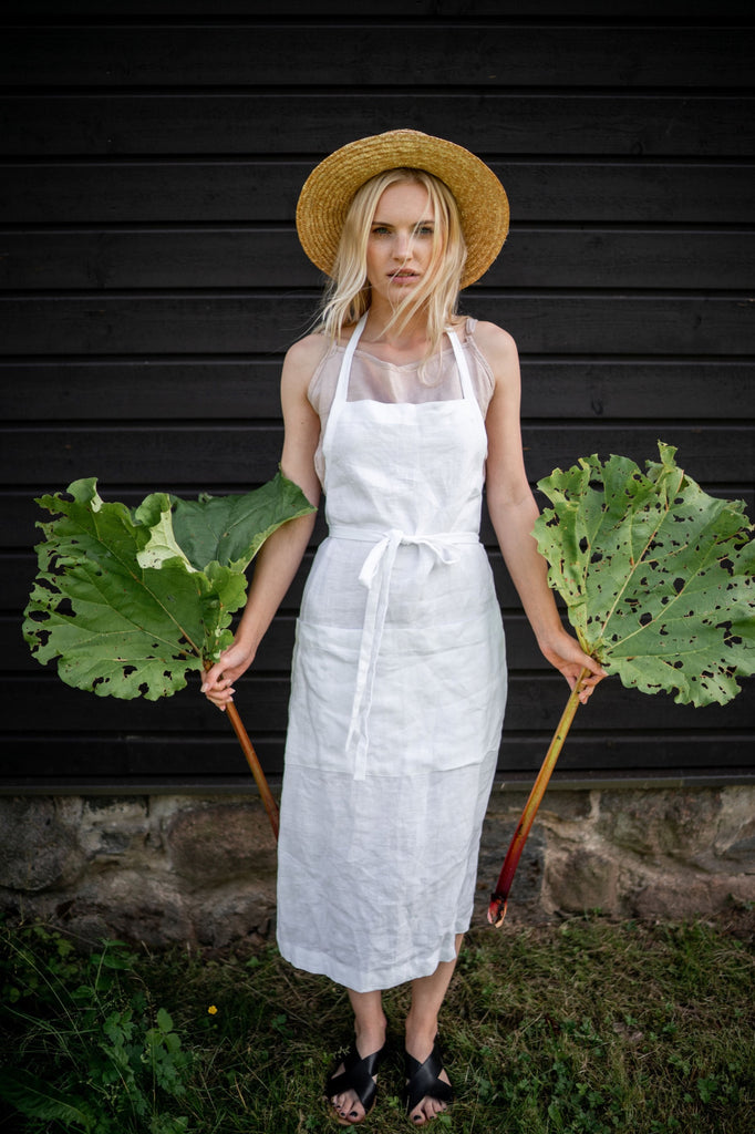 Linen Kitchen Apron With Pockets Full Apron Pure White