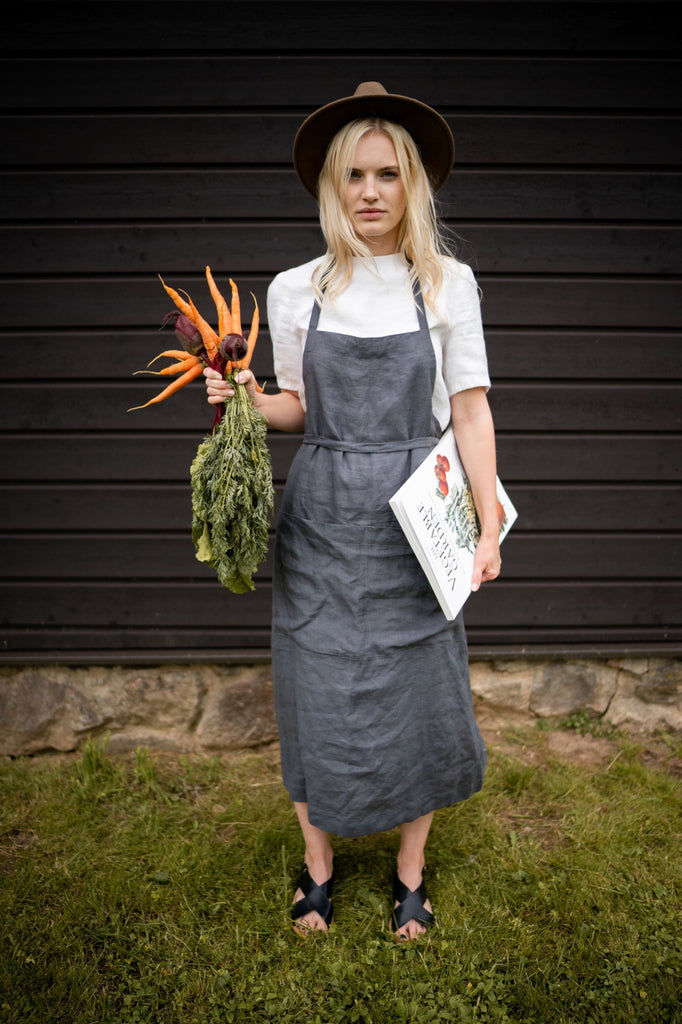 Linen Apron Cross Back with Two Pockets - stonewashed linen - pure