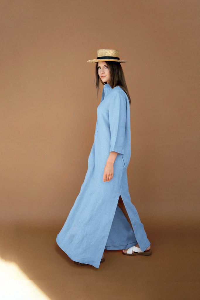 Blue Linen Maxi Dress Kaftan | Back 2 Linen Back2Linen Blue Linen Maxi Dress Kaftan | Back 2 Linen Back2Linen