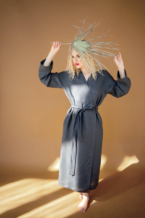 Linen Robe Linen Bathrobe Long Bathrobe Long Linen Robe With Pockets Long Bahtrobe Dark Grey