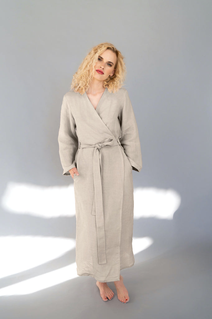 long linen dressing gown TWP Women's Jenny's Gown in Ladder Weave Linen - Ivory