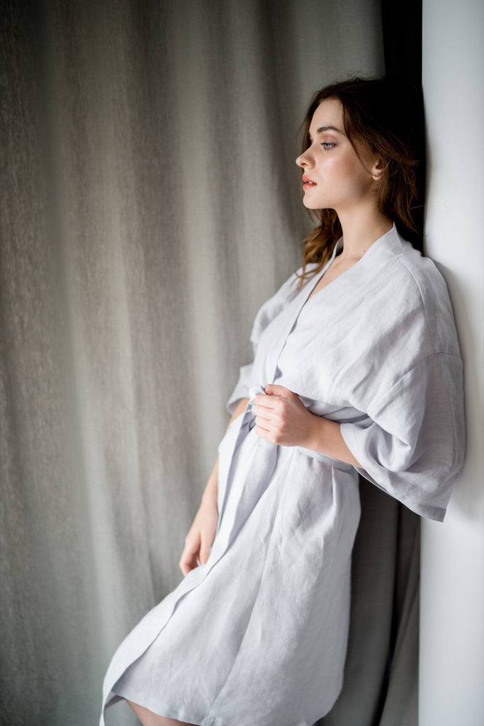 Linen Robe With Inner Ties And Pockets Basic Bathrobe Light Grey