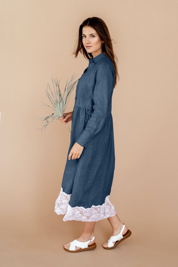 Linen Shirt Dress Linen Button Down Dress Oversized Dress With Pockets Dress Aurora Dark Blue