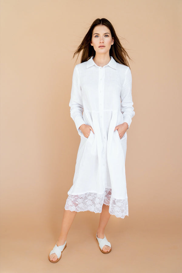 Linen Shirt Dress Linen Button Down Dress Oversized Dress With Pockets Dress Aurora Pure White