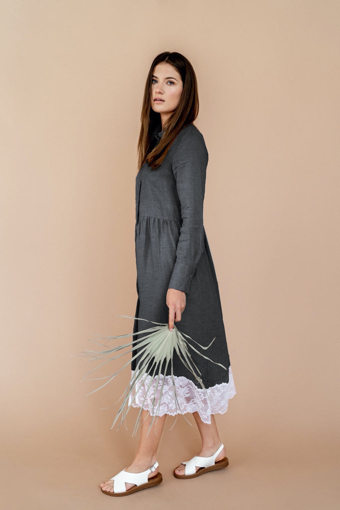 Pink Linen Shirt Dress with Lace Pink Linen Shirt Dress with Lace