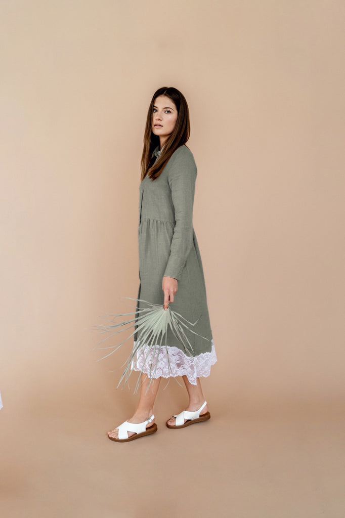 Pink Linen Shirt Dress with Lace | Back 2 Linen Back2Linen Pink Linen Shirt Dress with Lace | Back 2 Linen Back2Linen