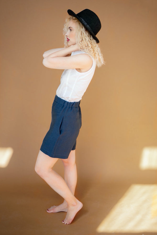 Linen Shorts Women Shorts With Pockets Shorts Kate Dark Blue