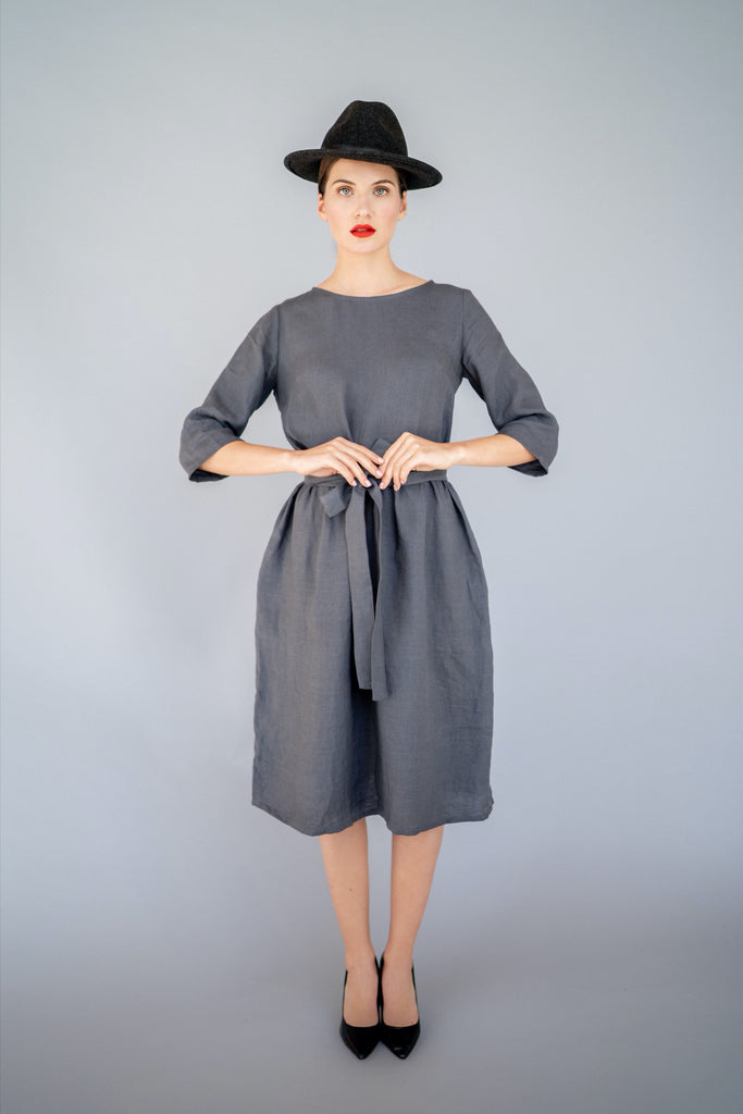 Gray Linen Dress with Belt | Back 2 Linen Back2Linen Gray Linen Dress with Belt | Back 2 Linen Back2Linen