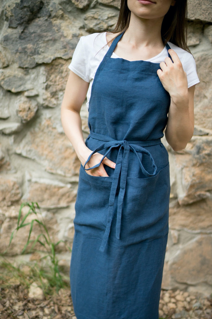 Linen Women Apron Organic Fabric Full Apron Dark Blue