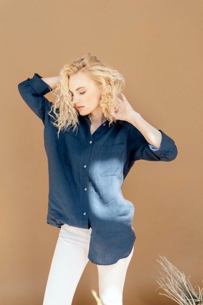 Loose Linen Shirt Boyfriends Shirt Plus Size Shirt Button Up Shirt Adrienne Dark Blue