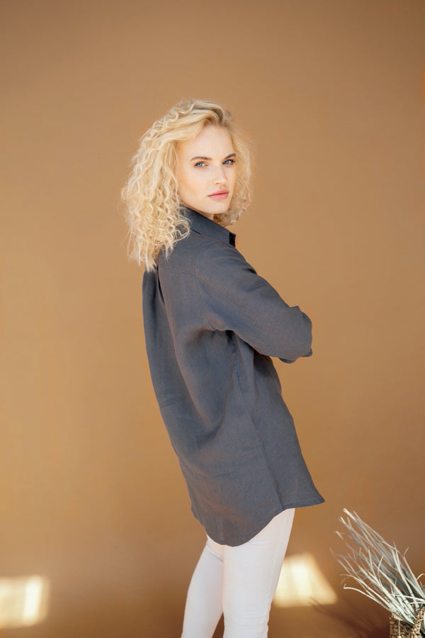 Loose Linen Shirt Boyfriends Shirt Plus Size Shirt Button Up Shirt Adrienne Dark Grey