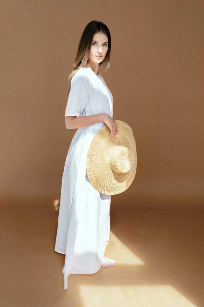 White Linen Maxi Dress with Belt