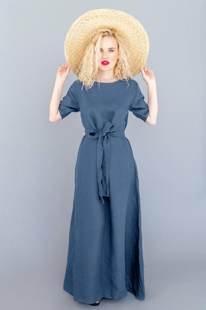 Maxi Dress Long Linen Dress Plus Size Dress Elizabeth Dark Blue