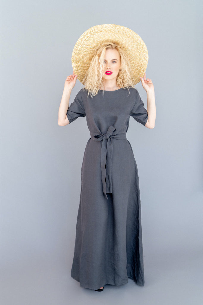 Maxi Dress Long Linen Dress Plus Size Dress Elizabeth Dark Grey
