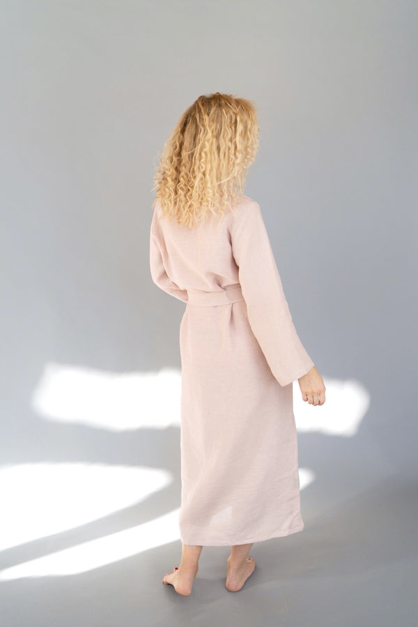 Natural Linen Robe Long Linen Robe Long Dressing Gown Robe With Pockets Long Bahtrobe Pink