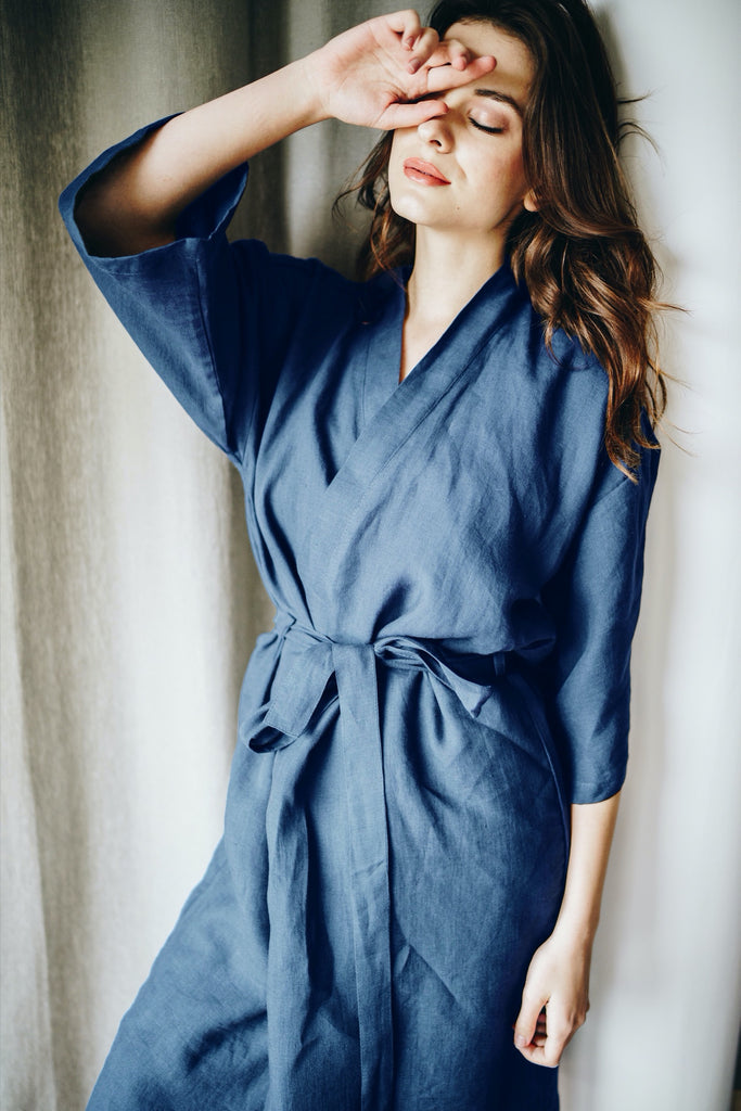 Natural Linen Robe With Hidden Pockets Basic Bathrobe Dark Blue