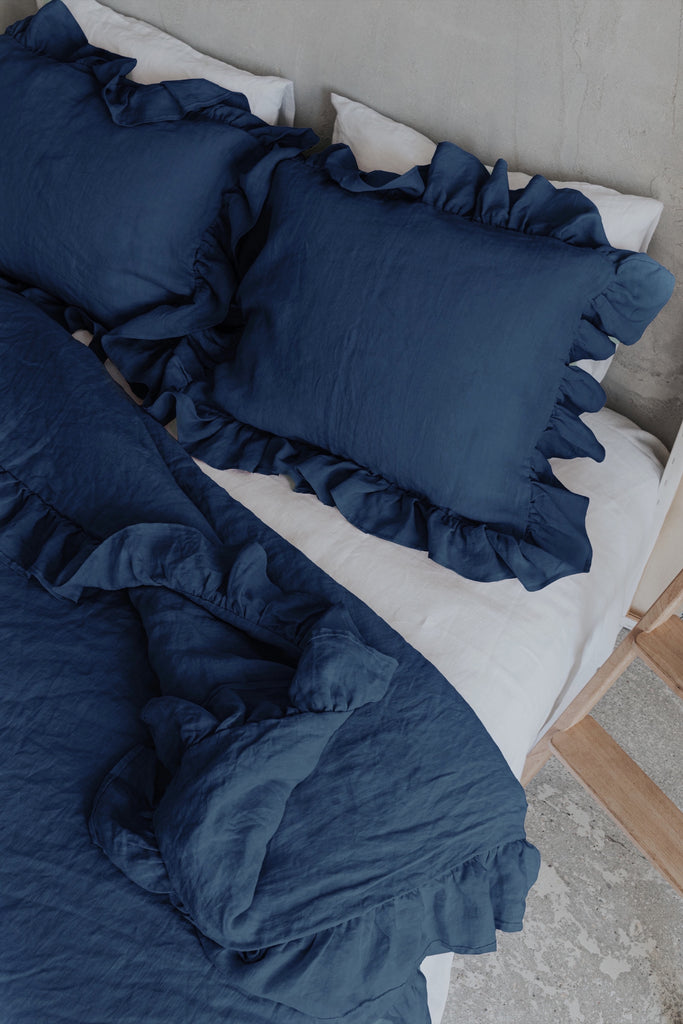 Natural Organic Linen Ruffle Duvet Cover Set Dark Blue 411