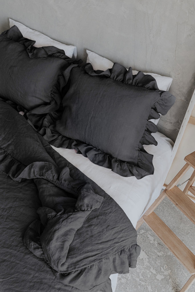 Natural Organic Linen Ruffle Duvet Cover Set Dark Grey 414