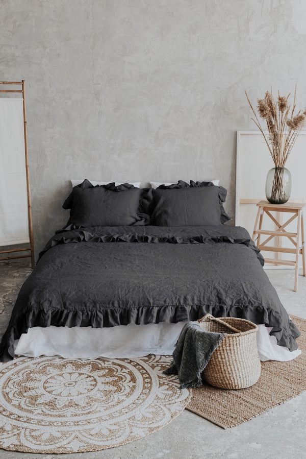 Natural Organic Linen Ruffle Duvet Cover Set Dark Grey 4151