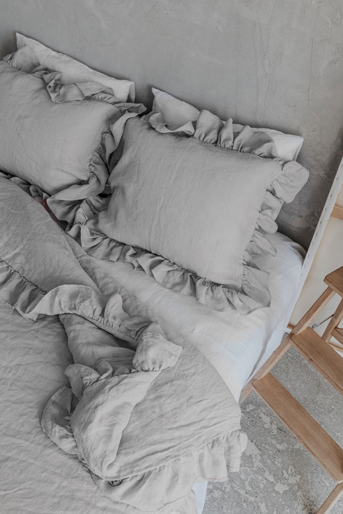 Natural Organic Linen Ruffle Duvet Cover Set Light Grey 417