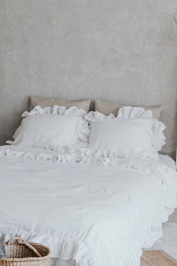 Natural Organic Linen Ruffle Duvet Cover Set Pure White 3284