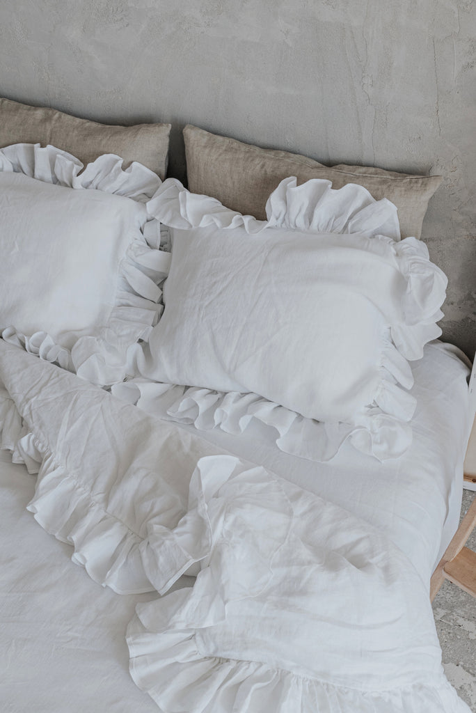 Natural Organic Linen Ruffle Duvet Cover Set Pure White 333