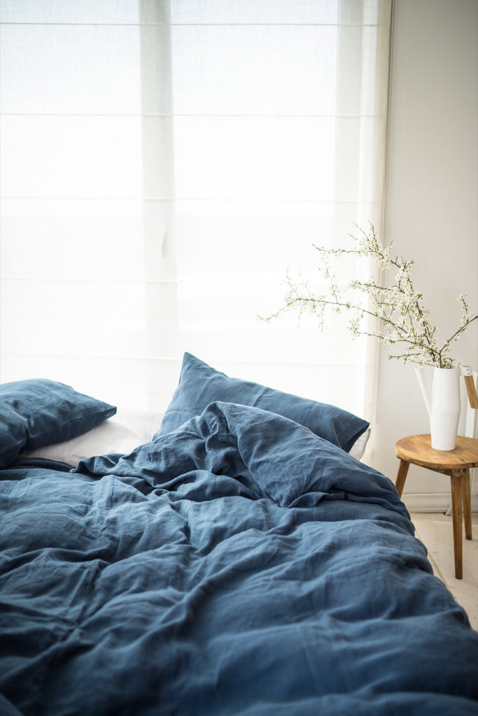 Organic Comforter Set Linen Bedding Basic Duvet Cover Basic Pillowcase Dark Blue