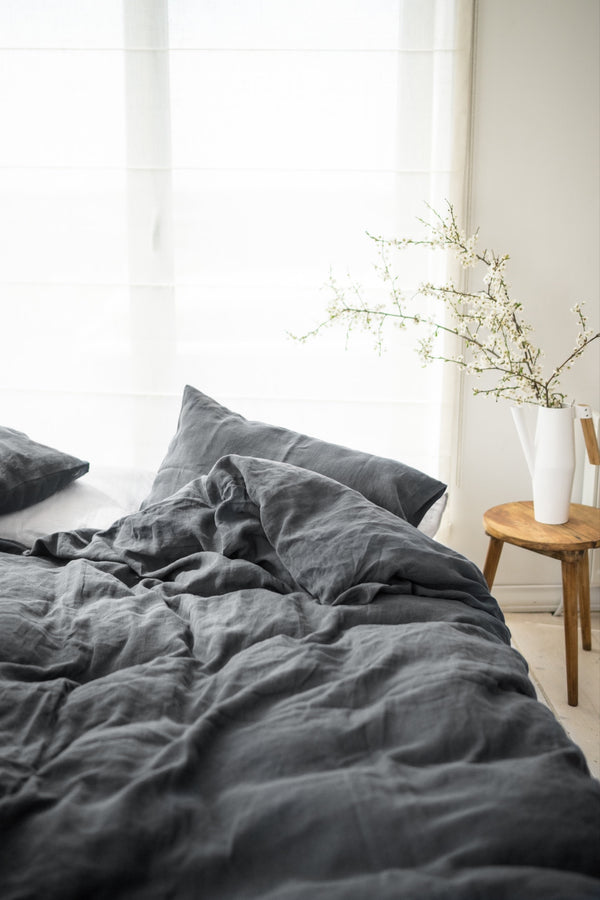 Organic Comforter Set Linen Bedding Basic Duvet Cover Basic Pillowcase Dark Grey
