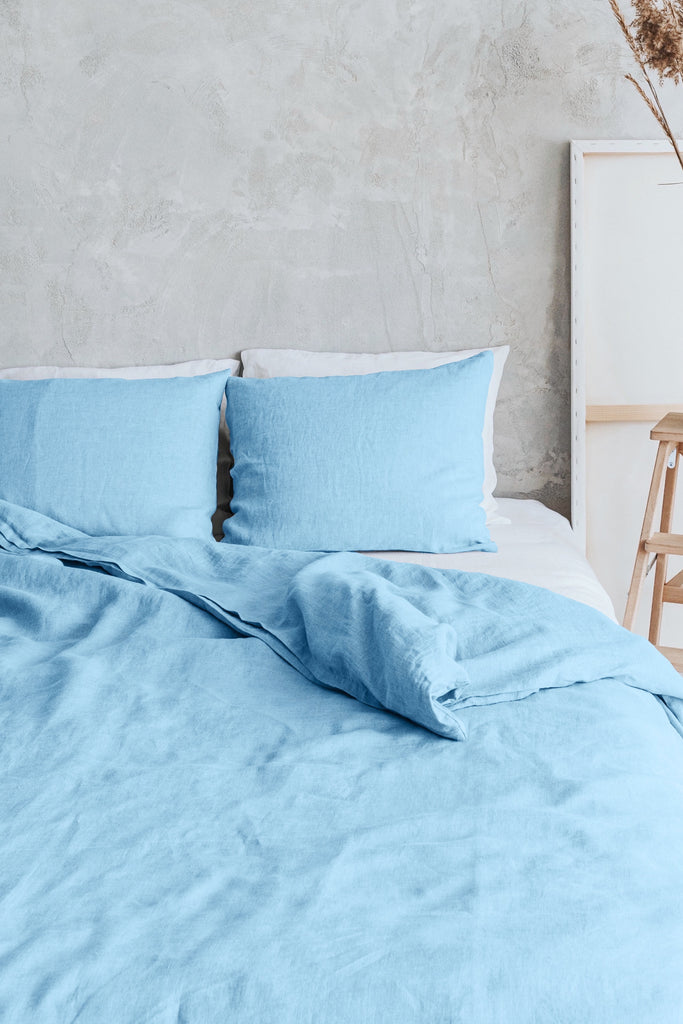 Organic Flax Linen Zipper Duvet Cover Set Light Blue 313