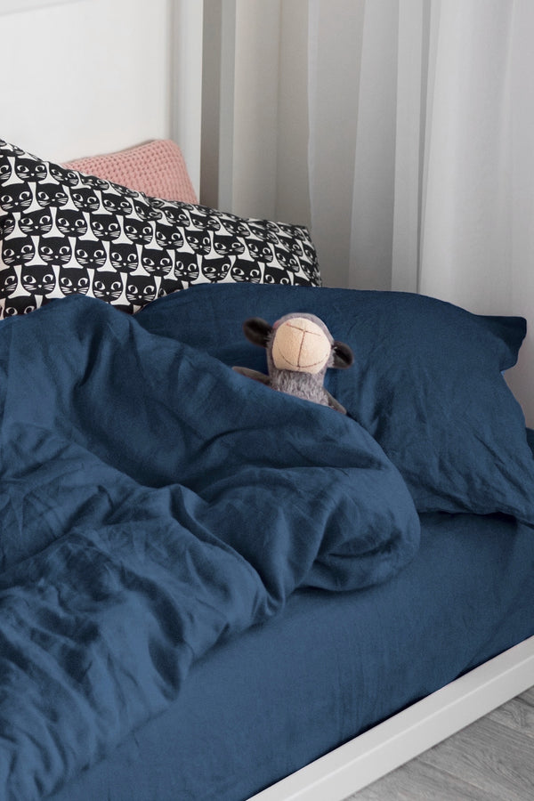 Organic Kids Bedding Toddler Bedding Set Linen Basic Kids Duvet Cover Basic Kids Pillowcase Basic Kids Fitted Sheet Dark Blue