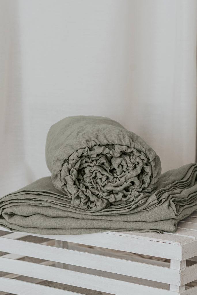 Organic Linen Basic Fitted Sheet And Flat Sheet Set Green 3061