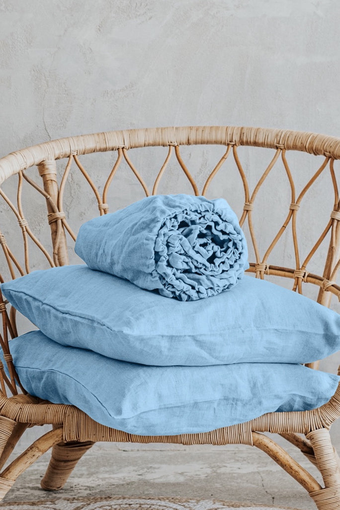 Organic Linen Basic Fitted Sheet And Pillowcases Set Light Blue 2902