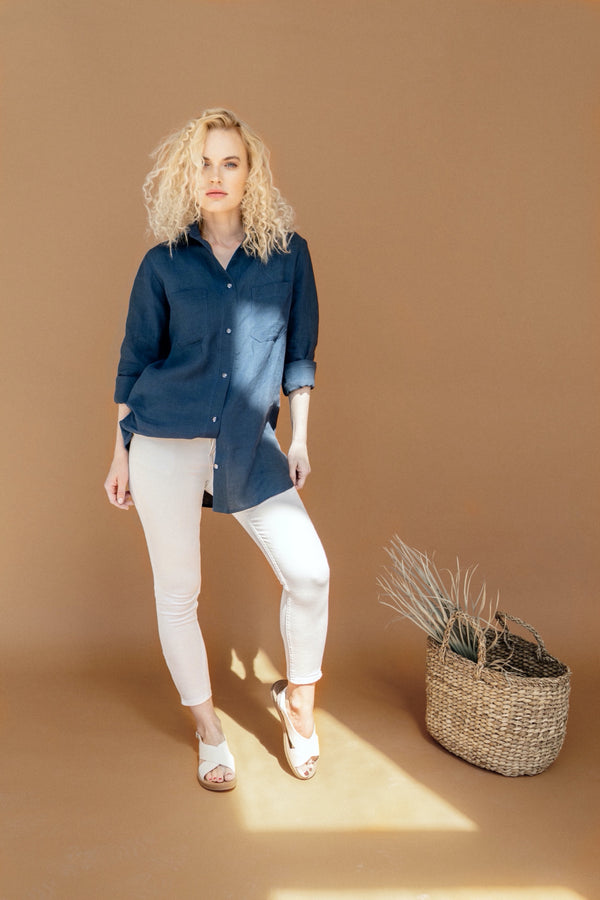 Plus Size Shirt Linen Button Shirt Long Sleeve Shirt Adrienne Dark Blue