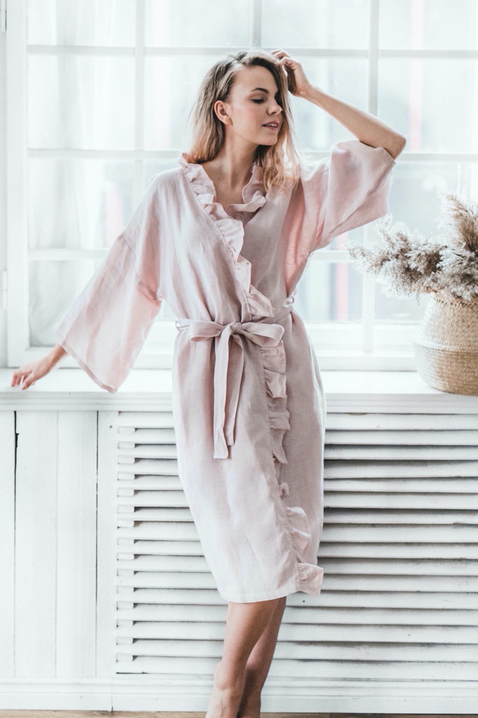 Soft Kimono Robe Linen Kimono Linen Bathrobe Plus Size Robe Ruffle Kimono Bathrobe Pink
