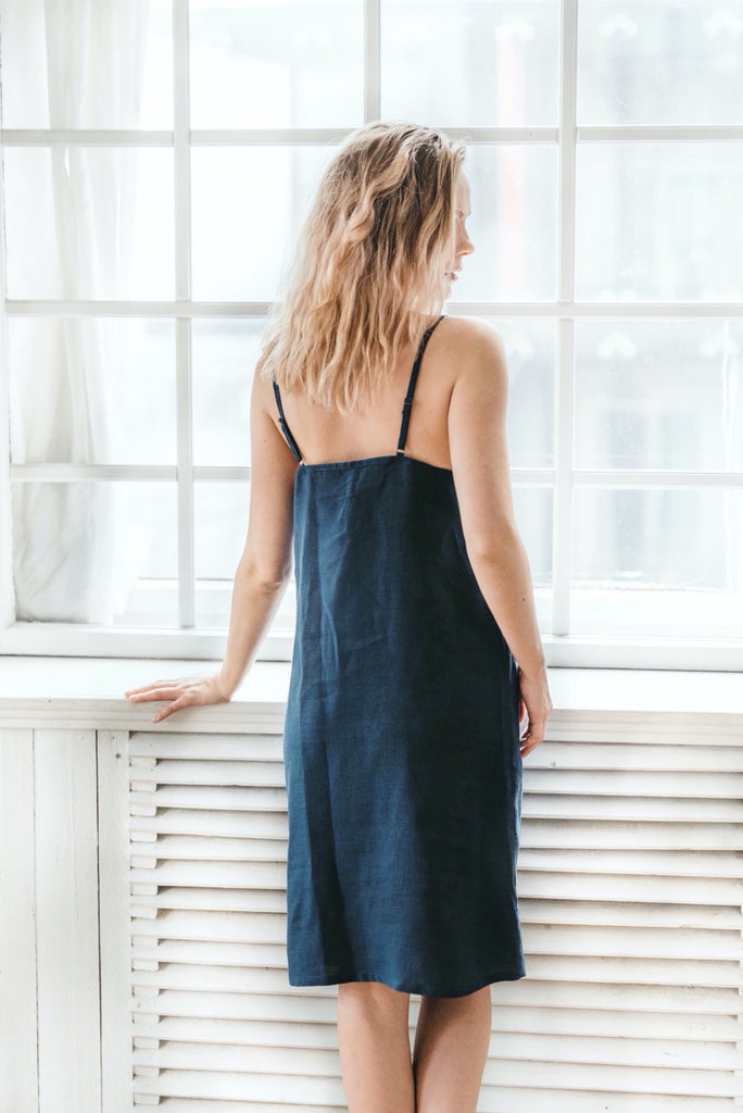 Linen Nightdress in Navy Blue color | Back 2 Linen  Back2Linen