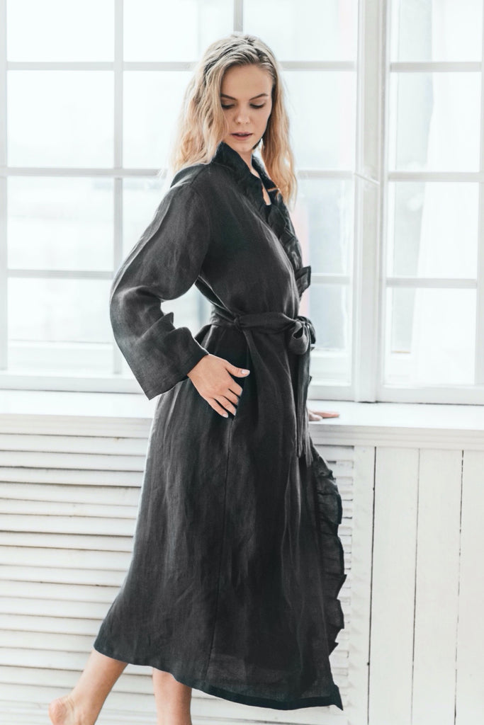 Stonewashed Linen Robe Ruffle Robe Plus Size Robe Wedding Robe Ruffle Bathrobe Dark Grey