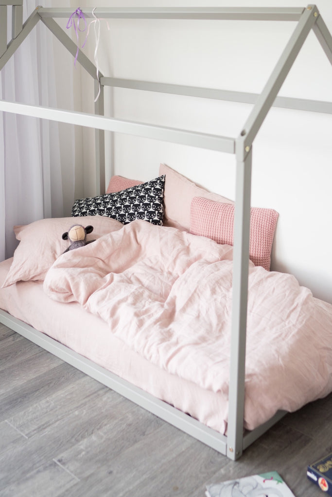 Stonewashed Linen Toddler Bedding Set Basic Kids Duvet Cover Basic Kids Pillowcase Basic Kids Fitted Sheet Pink