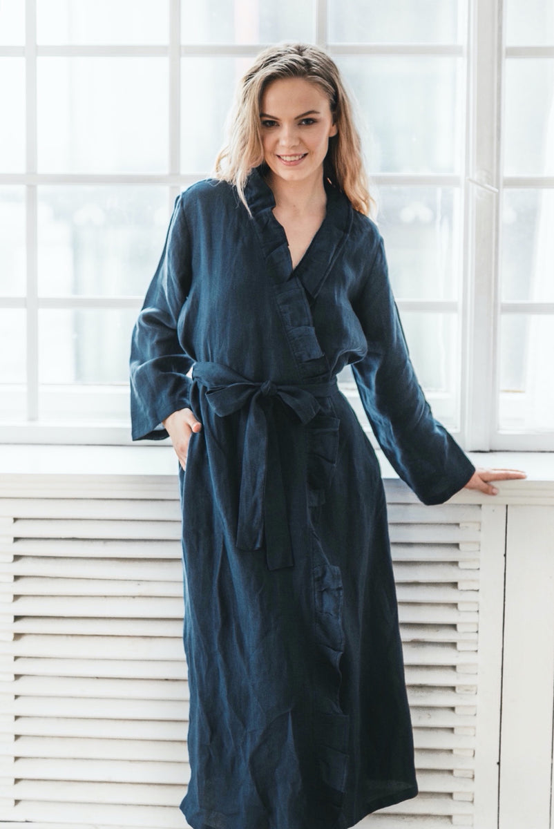Ruffled Natural Robe from 100% Linen | Back 2 Linen – Back2Linen
