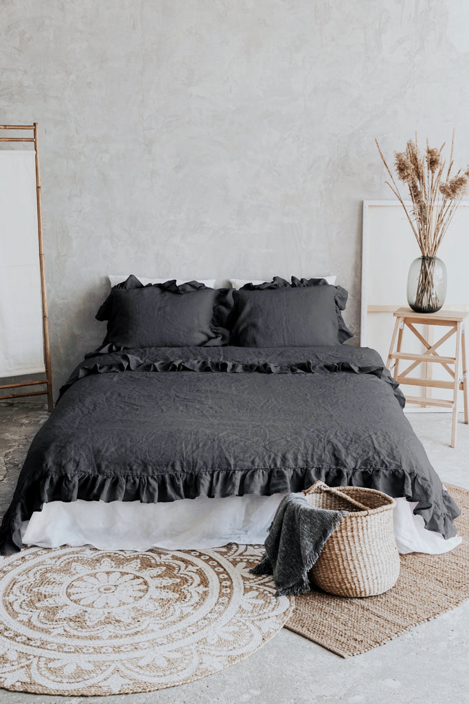Test 05 Natural Organic Linen Ruffle Duvet Cover Set Dark Grey 4151